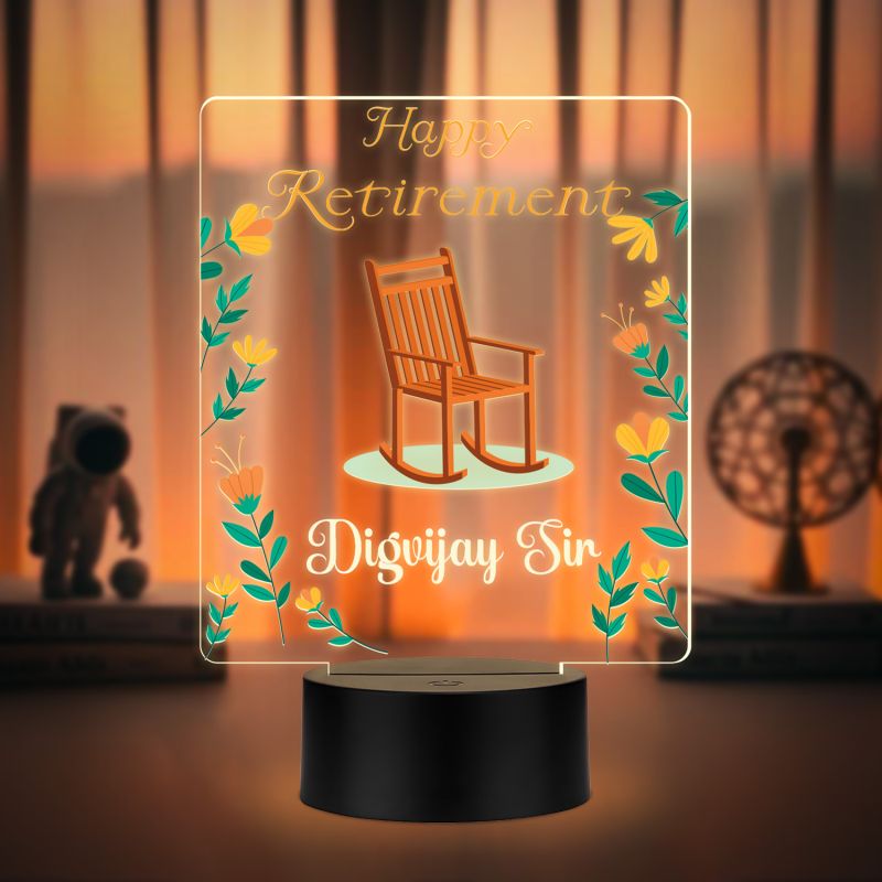 Personalized Happy Retirement LED Night Lamp with Rocking Chair Design, Warm White Acrylic Light with Black Base Retirement Gift for Grandfather, Dad & Teacher
